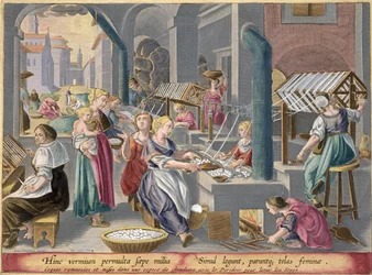 Kookonien keittäminen krysalidien tuhoamiseksi ja säikeiden pehmentämiseksi ja niiden rullaaminen silkkiksi, levy 6 Philip Gallen (1537-1612) kaivertamasta "Vermis Sericuksesta" (Silkkiäistoukkien)
